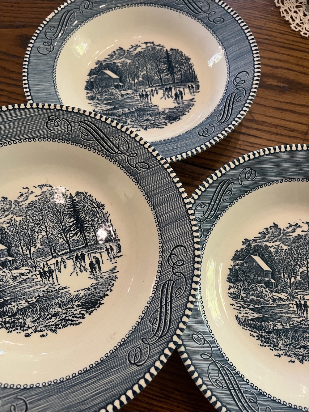 Vintage Currier & Ives Blue and White skating Scenic soup bowls